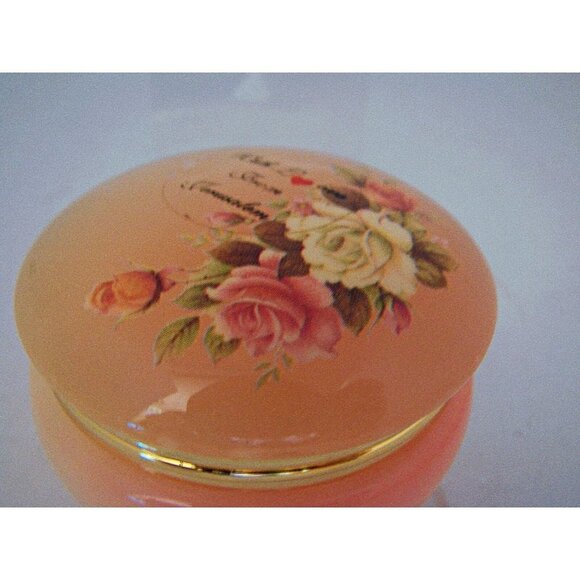 Hand Painted Peach Trinket Dish Box With Love from Jerusalem Gold Trim 2 x 2.5 " - Picture 2 of 12